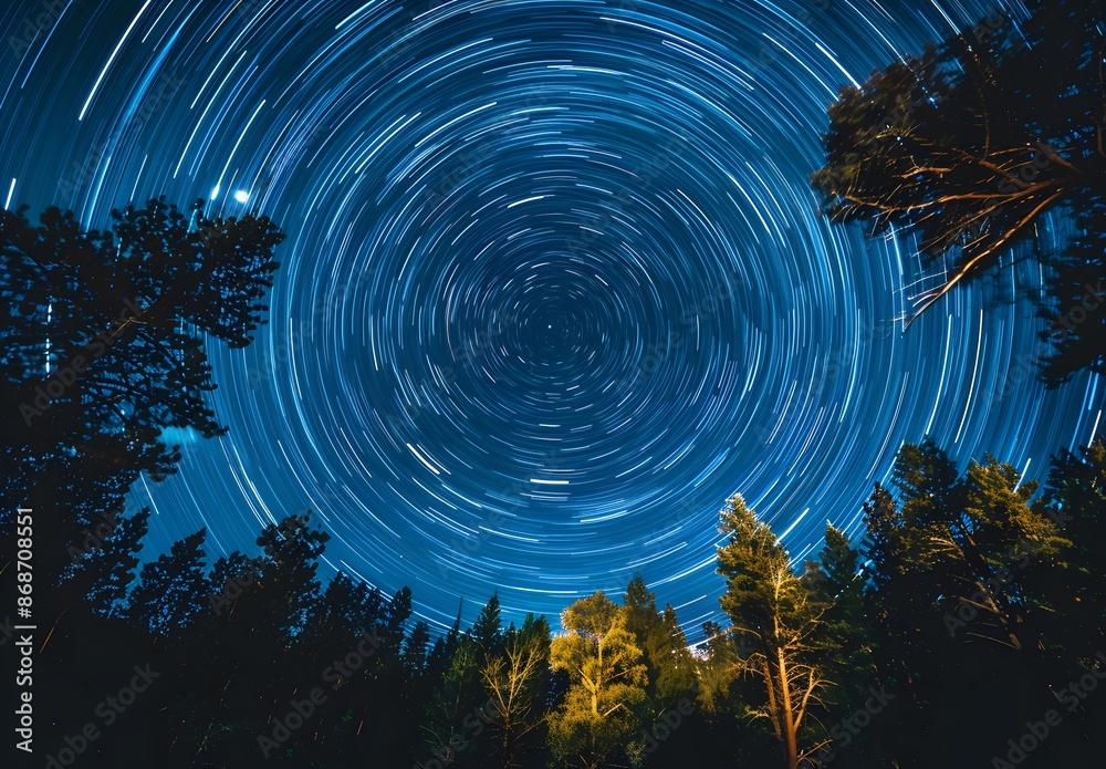 Sticker Circular Star Trails Over Forest Night Sky