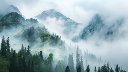 The mountains are covered in fog and trees