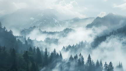 Obraz premium The sky is cloudy and the mountains are covered in fog