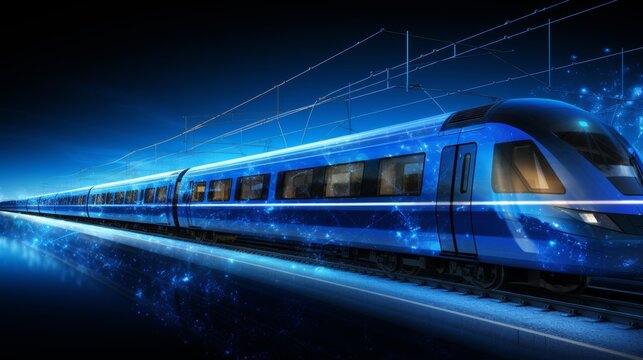 Abstract 3d wireframe of modern train at railway station resembling starry sky in dark blue