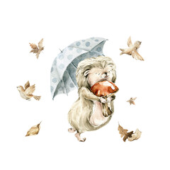 Watercolor nursery set. Hand painted rainy autumn composition of cute hedgehog character, forest fall leaves, dried leaf, birds isolated on background. Baby illustration for card design, print, poster