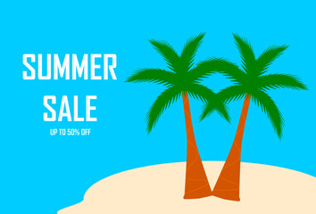 Bright summer sales banner. Tropical island with palm trees and the inscription - Summer Sale. Up to 50% off.