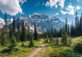 Fototapeta premium Panoramic View of Canadian Rocky Mountains with Snow-Capped Peaks and Trail