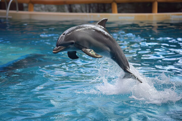 Fototapeta premium A dolphin is jumping out of the water in a pool