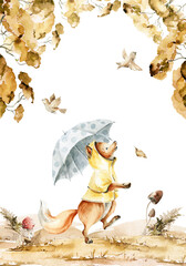 Obraz premium Watercolor nursery set Hand painted autumn composition of cute fox character, rain, forest fall leaves, tree branch isolated on white background Baby frame illustration for card design, print, poster