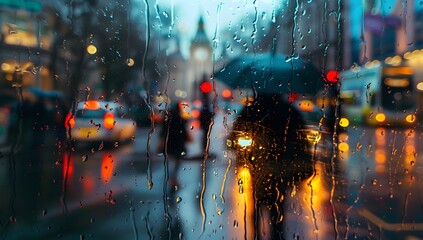 Rainy Cityscape Through Wet Windowpane