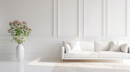 A cozy and inviting living room design in white, featuring comfortable furnishings and a warm, welcoming ambiance. The minimalist approach enhances the sense of space, with plenty of room for