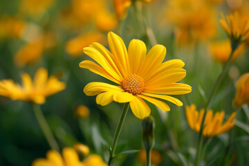 Obraz premium A field of yellow flowers with a single yellow flower in the foreground
