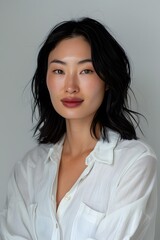 Asian Woman in White Shirt with Makeup, Studio Portrait