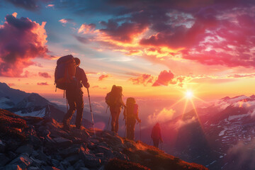 Three people are hiking up a mountain, with the sun setting in the background