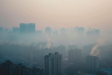 Fototapeta premium A city skyline with a foggy haze in the background