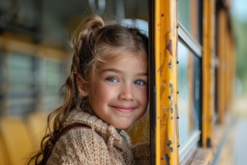 Back to school, Smiling little schoolgirl getting into the school-bus. Generative AI