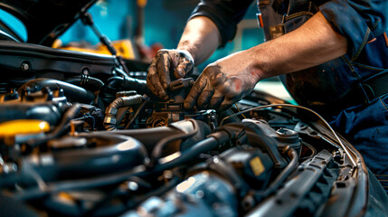 Obraz premium close up man hands working on a car engine