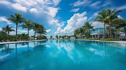 Fototapeta premium Luxurious maldives resort poolside oasis with palm trees and blue sky for ultimate relaxation
