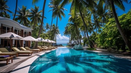Luxurious maldives resort  poolside oasis with palm trees and blue sky for a peaceful vacation