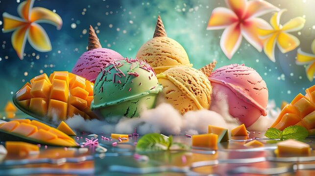 Ice cream in pista kulfa and mango flavours in a mindnight background very detailed and realistic shape