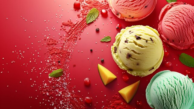 Ice cream in pista kulfa and mango flavours in a red background very detailed and realistic shape