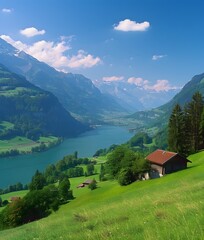 Alpine Lake Landscape with Cabin and Mountains