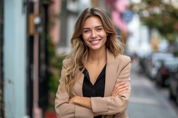 Fototapeta premium Young happy pretty smiling professional business woman, happy confident positive female entrepreneur standing outdoor on street arms crossed, looking at camera, Generative AI