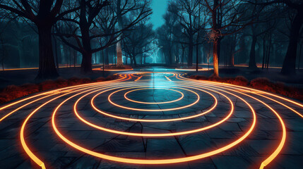 Fototapeta premium AI-powered holographic haunted hayride through a neon-lit forest, creating an interactive Halloween experience, top view, futuristic tone, vivid