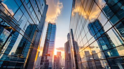 A city skyline with a beautiful sunset in the background