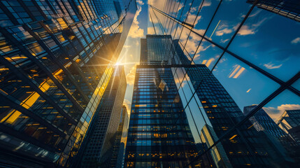 Fototapeta premium A city skyline with tall buildings and a bright sun shining through the windows