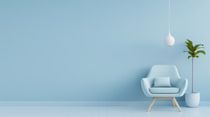 A modern living room bathed in blue tones, showcasing minimalist furnishings and decor. The spacious design includes plenty of copy space for customization.