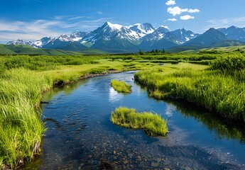 Alaskan Wilderness Stream and Snow-Capped Mountains