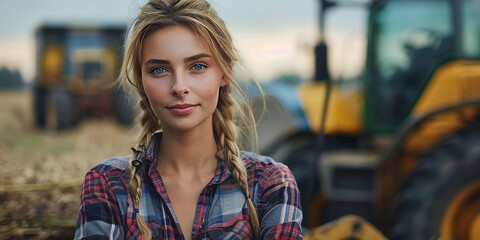 Proud attractive young female farmer standing in front of agricultural machinery, Generative AI