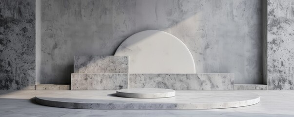 Minimalist podium display with monochromatic palette and sophisticated simplicity.,