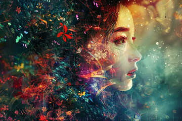 A woman's face is shown in a colorful, abstract style