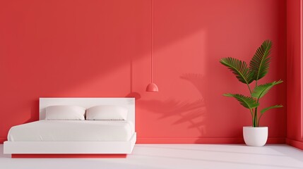 A minimalist bedroom in bold red tones, with ample copy space for adding text or graphics. The simple yet elegant design is perfect for showcasing modern interior concepts.