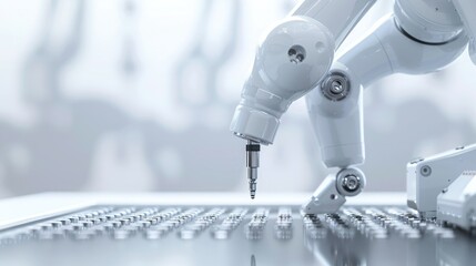 Tiny components undergoing quality control checks by a robotic arm in an automated process. Advanced High Precision Robot Arms