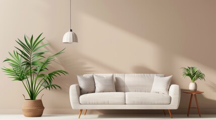 A cozy living room with a minimalist design, featuring brown accents and an uncluttered area perfect for adding text or graphics.