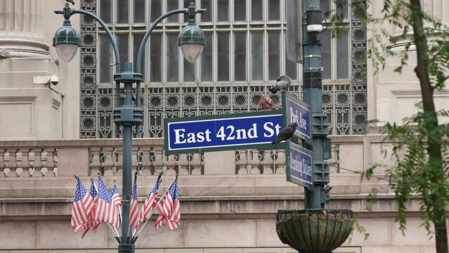 New York City Grand Central Terminal, 42 street, Park Avenue, Pershing Square architecture. Midtown district railroad hub, railway transport. NY crossroad corner, intersection road sign, american flag
