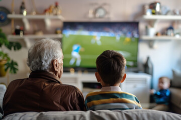 An older man and a young boy are watching a soccer game on a television