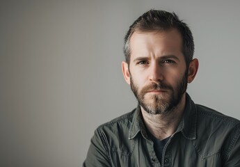 Fototapeta premium Portrait of adult man with short hair and beard wearing green shirt