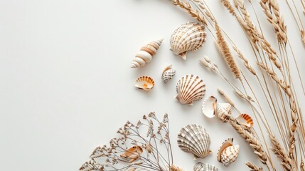Seashells and Wheat Grass Arrangement on White Background