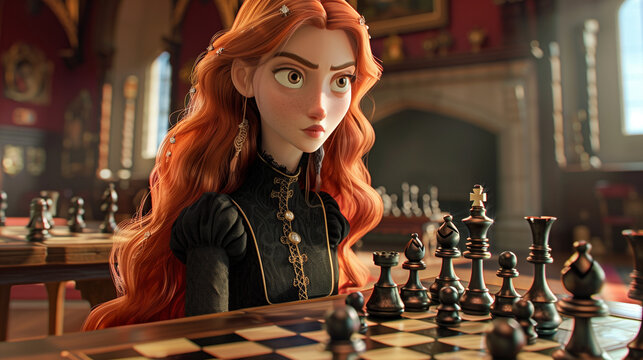 Woman with long red hair and big eyes, playing chess, black dress and medieval jewelry
