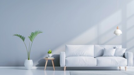 A contemporary living room in neutral gray tones, featuring minimalist furnishings and a spacious layout. The design offers plenty of copy space for adding text or graphics.