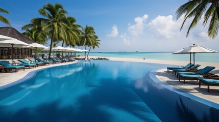 Luxurious maldives resort  poolside oasis with palm trees and blue sky for ultimate vacation bliss