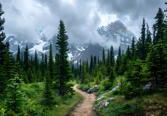 Scenic Mountain Trail with Snow-Covered Pines in Canada