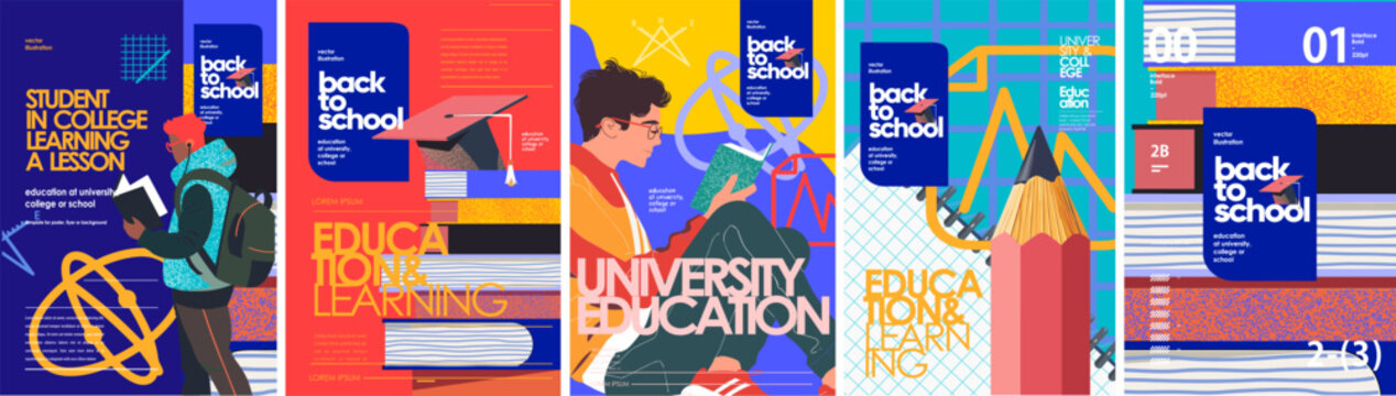 Educationand college. Back to school. Vector illustration of university student reading, stack of textbooks with graduate hat, stationery, pencil, notepad and books for poster, greeting card, flyer or