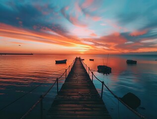 Obraz premium Sunset Pier with Boats and Calm Water