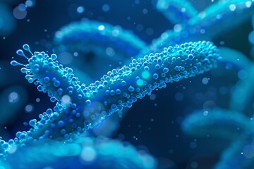 Close-up view of blue microorganism cells on blue background.  3D illustration of Bacteria
