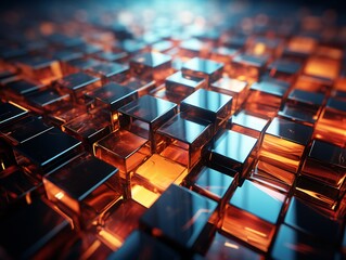 A cluster of illuminated glass cubes creates a mesmerizing display of light and shadow.