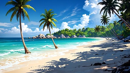 Tropical Beach with Palm Trees and White Sand, Idyllic Summer Vacation Destination