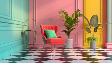 High Contrast, Medium Shot abstract 3D rendering wallpaper featuring pastel colors and retro patterns.