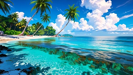 Tropical beach paradise with palm trees, white sand and crystal clear turquoise water. Perfect vacation destination for summer holiday.