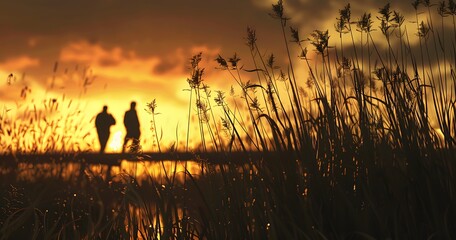 Silhouettes of Two People on Bridge at Sunset